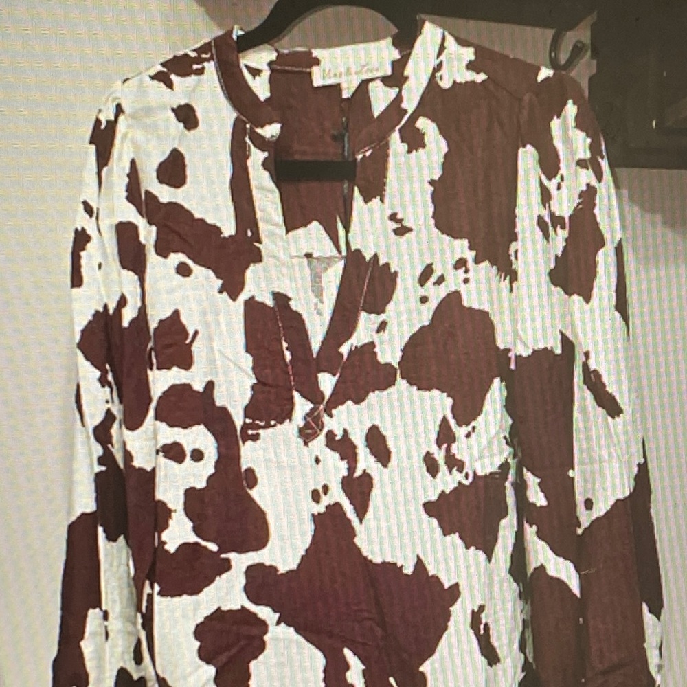 Cowprint Brown and White V-Neck Long-Sleeve Blouse